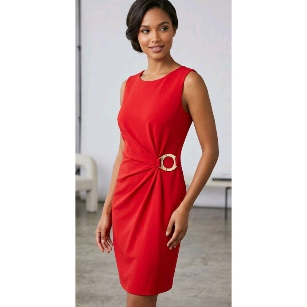CALVIN KLEIN DRESS 6 RED SLEEVELESS PLEADED MIDI GOLDEN BELT ZIP BACK